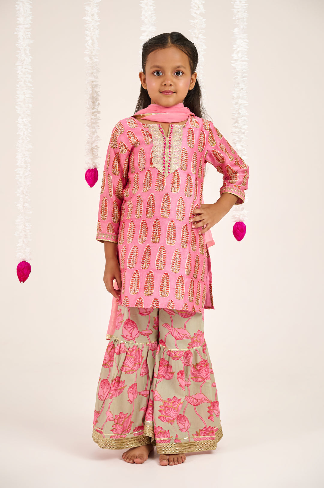 BOYS GREY PINK FLORAL KURTA WITH PAJAMA (SET OF 2) + GIRLS PINK BUTI HANDBLOCK CHANDERI KURTI WITH FLORAL COTTON SHARARA AND DUPATTA (SET OF 3)