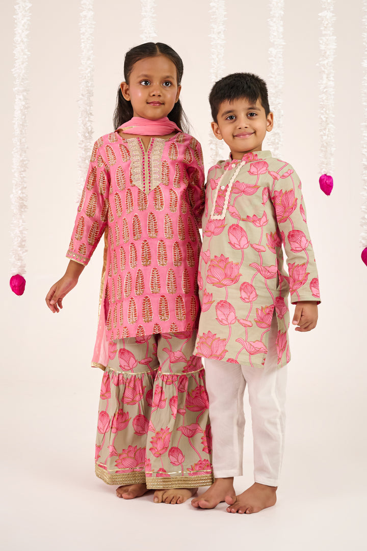 BOYS GREY PINK FLORAL KURTA WITH PAJAMA (SET OF 2) + GIRLS PINK BUTI HANDBLOCK CHANDERI KURTI WITH FLORAL COTTON SHARARA AND DUPATTA (SET OF 3)