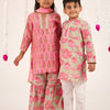 BOYS GREY PINK FLORAL KURTA WITH PAJAMA (SET OF 2) + GIRLS PINK BUTI HANDBLOCK CHANDERI KURTI WITH FLORAL COTTON SHARARA AND DUPATTA (SET OF 3)