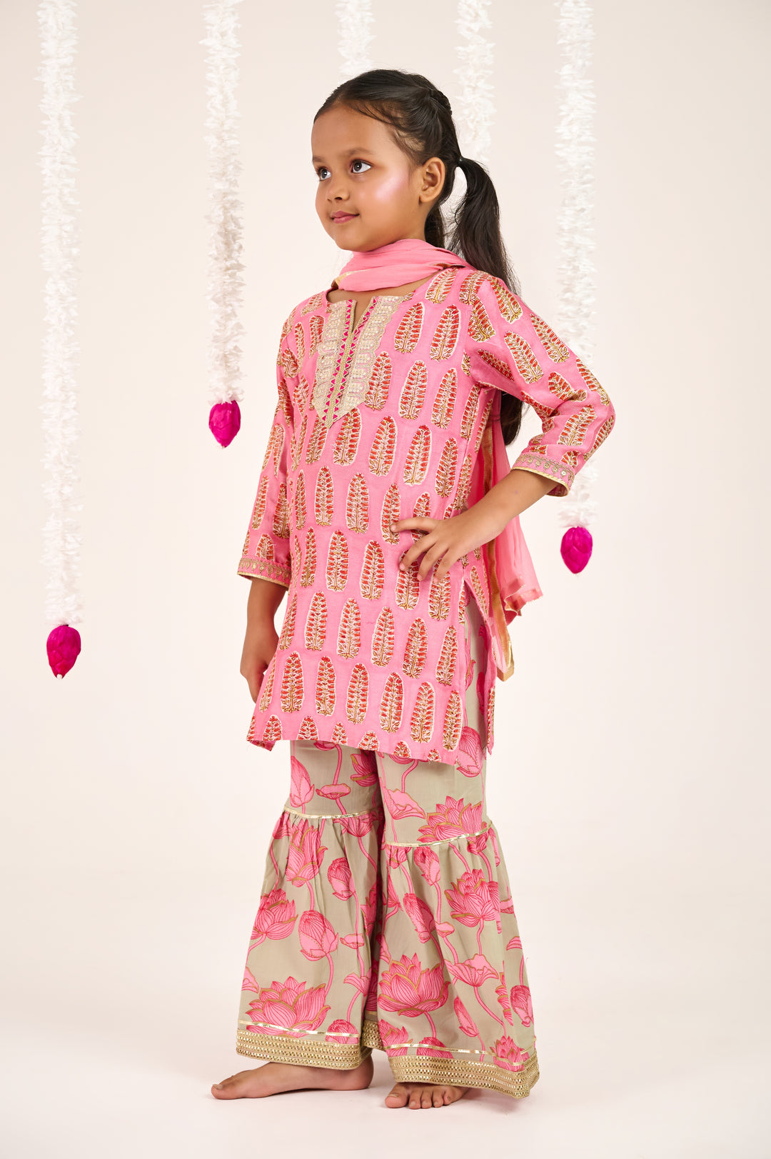 BOYS GREY PINK FLORAL KURTA WITH PAJAMA (SET OF 2) + GIRLS PINK BUTI HANDBLOCK CHANDERI KURTI WITH FLORAL COTTON SHARARA AND DUPATTA (SET OF 3)