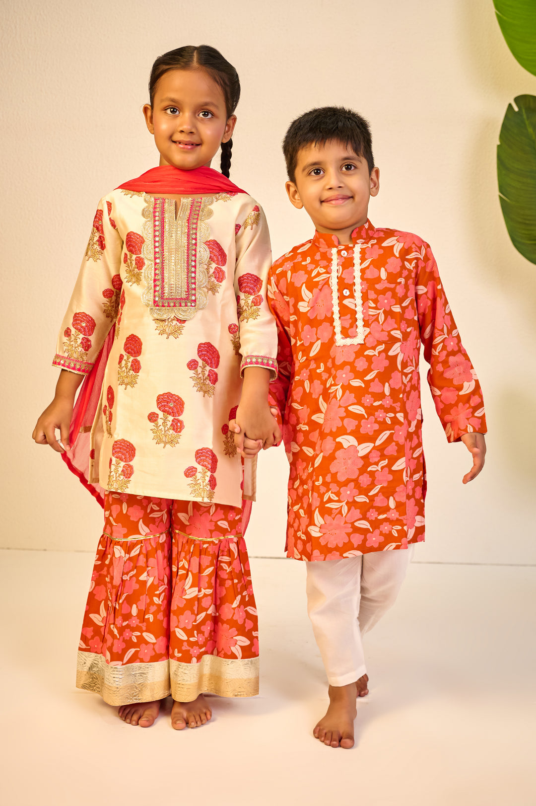 BOYS ORANGE FLORAL MODAL KURTA WITH PAJAMA (SET OF 3)