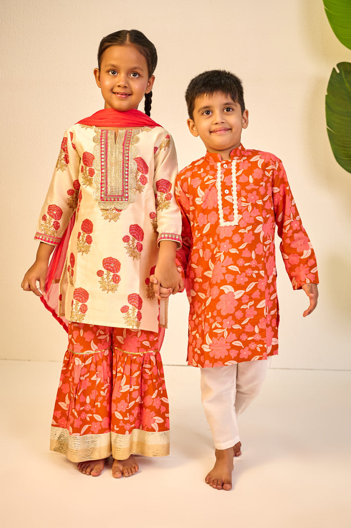 BOYS ORANGE FLORAL MODAL KURTA WITH PAJAMA (SET OF 3)