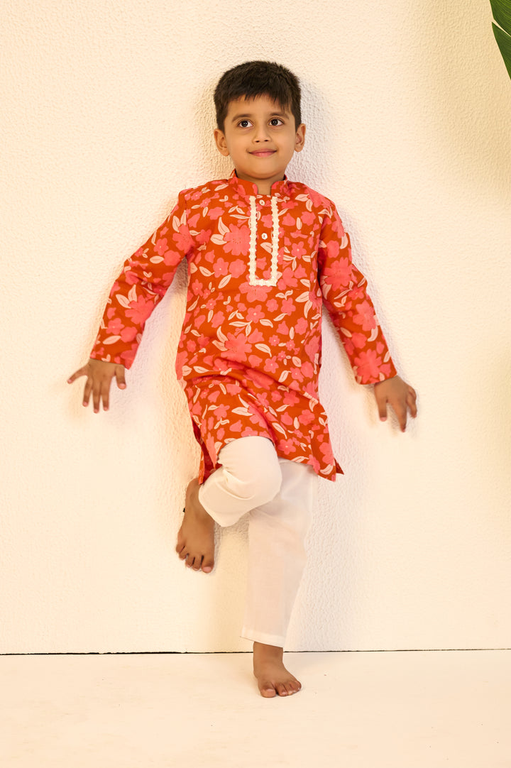 BOYS ORANGE FLORAL MODAL KURTA WITH PAJAMA (SET OF 3)