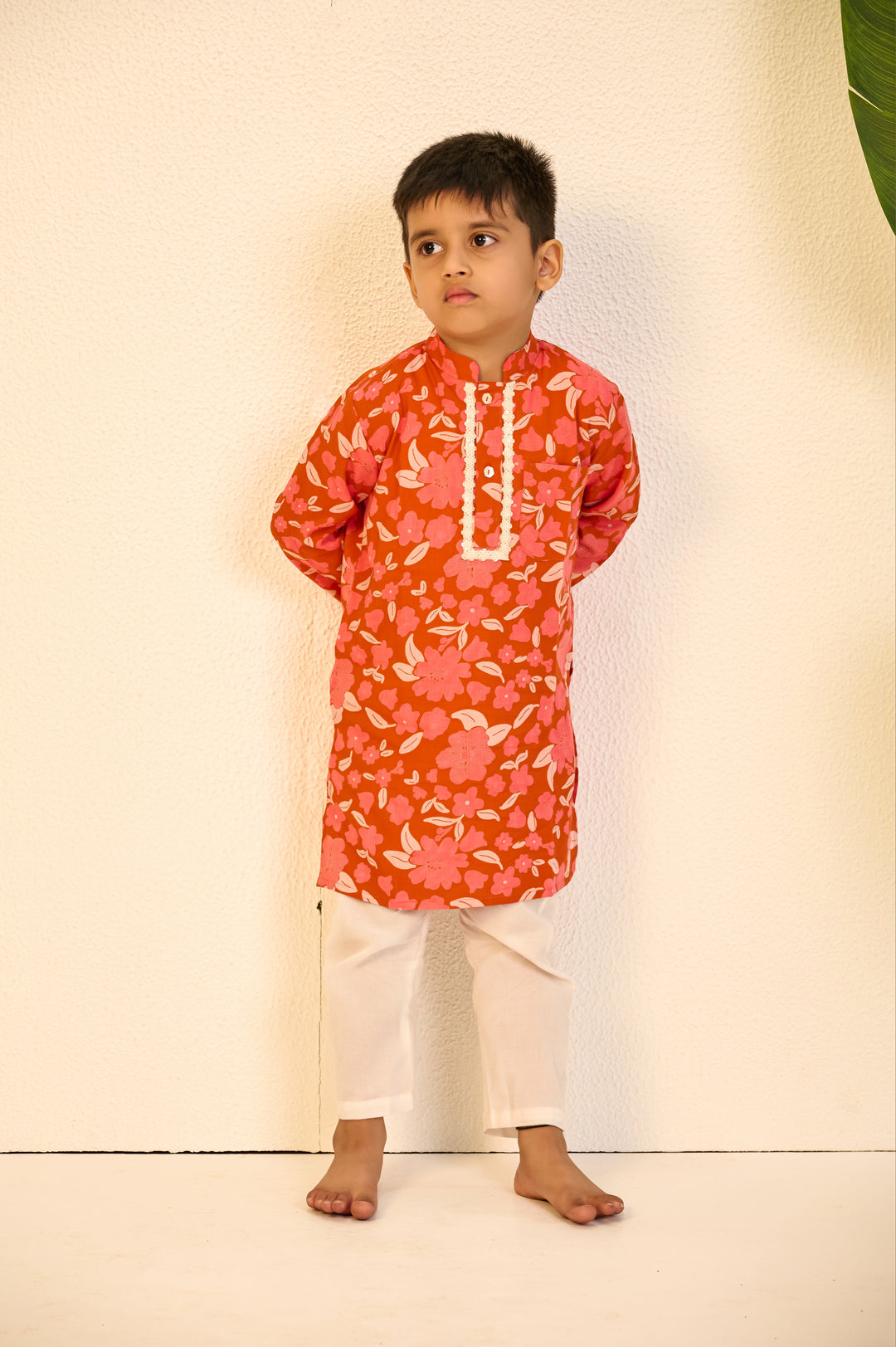 BOYS ORANGE FLORAL MODAL KURTA WITH PAJAMA (SET OF 3)