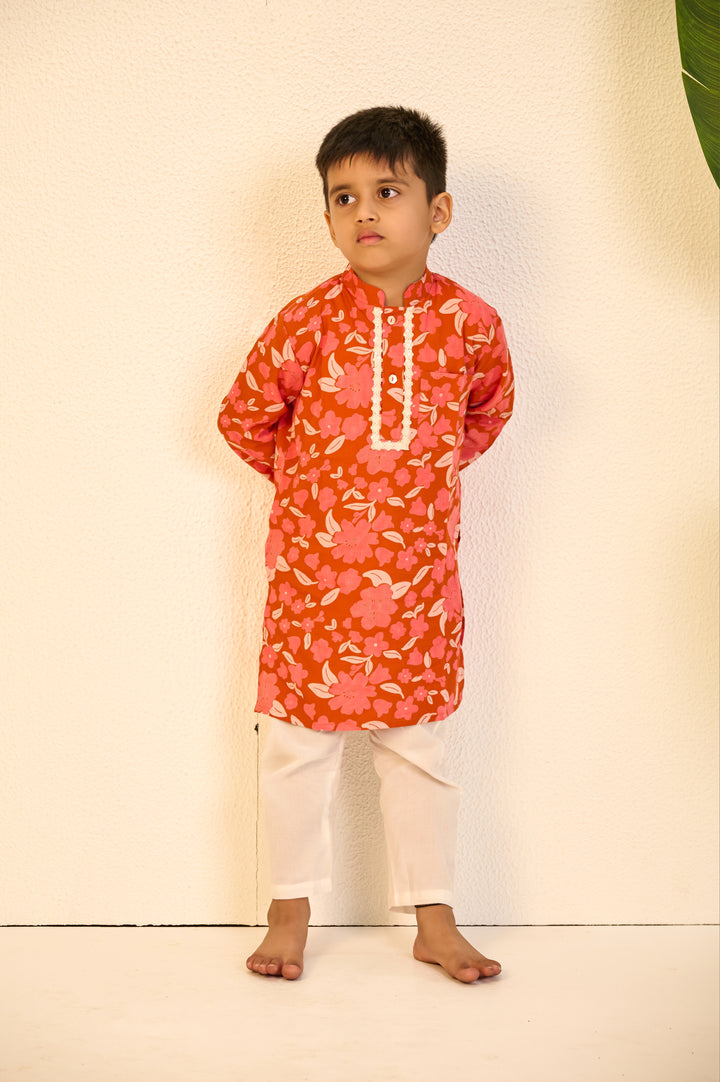 BOYS ORANGE FLORAL MODAL KURTA WITH PAJAMA (SET OF 3)
