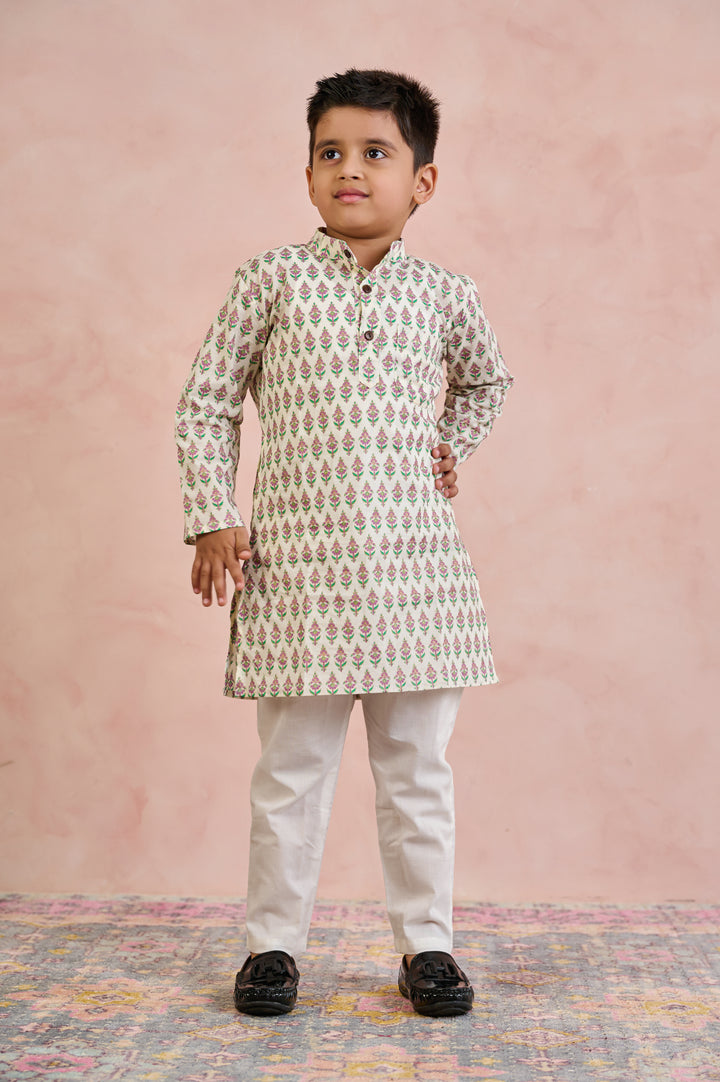 BOYS WHITE GOLD KURTA WITH PAJAMA (SET OF 2)