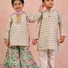 BOYS WHITE GOLD KURTA WITH PAJAMA (SET OF 2) + GIRLS OFF WHITE KURTI WITH PURPLE JAAL SHARARA AND DUPATTA (SET OF 3)