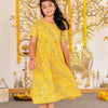 GIRLS YELLOW LEHERIYA ANKLE LENGTH ETHNIC GOTA DRESS WITH POM POM
