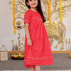 GIRLS ORANGE PINK BANDHEJ ANKLE LENGTH ETHNIC GOTA DRESS WITH POM POM