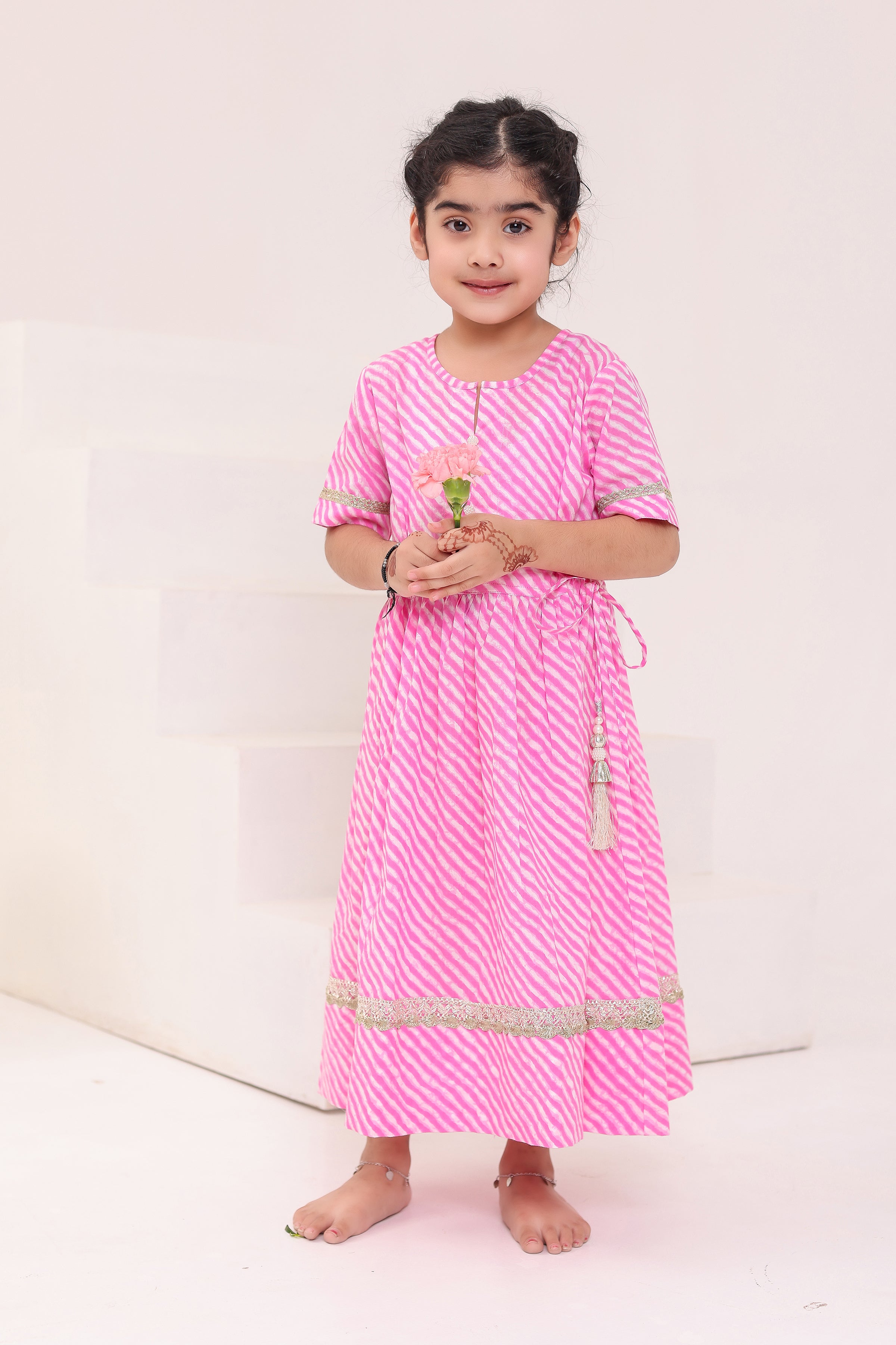 GIRLS PINK WHITE LEHERIYA ANKLE LENGTH ETHNIC GOTA DRESS WITH TASSELS