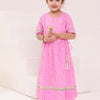 GIRLS PINK WHITE LEHERIYA ANKLE LENGTH ETHNIC GOTA DRESS WITH TASSELS