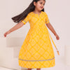 GIRLS YELLOW BANDHEJ PRINT ANKLE LENGTH ETHNIC GOTA DRESS WITH TASSELS