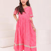 GIRLS PINK BANDHEJ PRINT ANKLE LENGTH ETHNIC GOTA DRESS WITH TASSELS