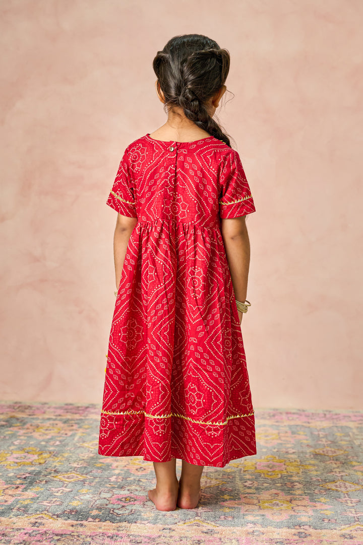 GIRLS MAROON BANDHEJ ANKLE LENGTH GOTA DRESS