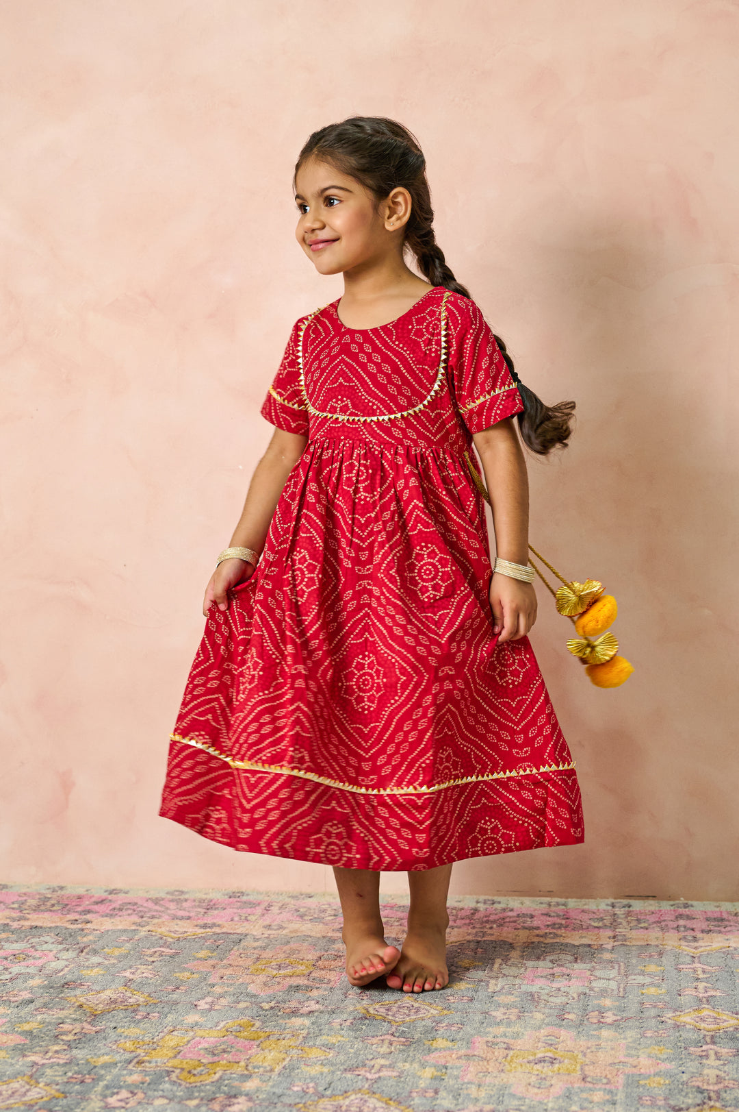 GIRLS MAROON BANDHEJ ANKLE LENGTH GOTA DRESS
