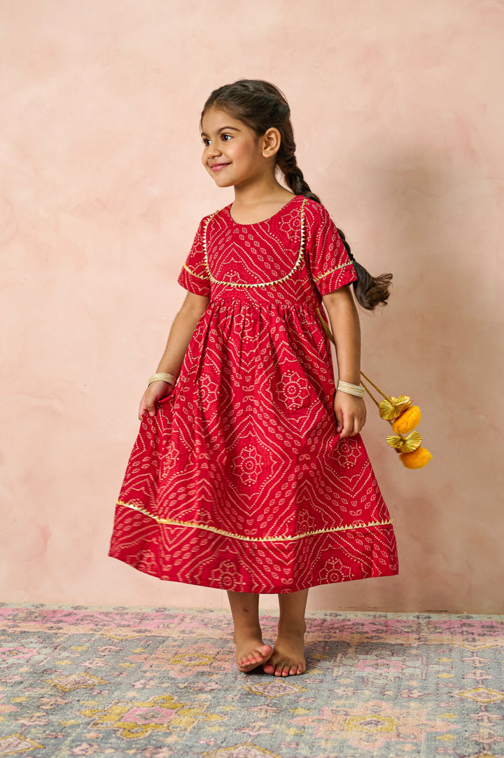 GIRLS MAROON BANDHEJ ANKLE LENGTH GOTA DRESS