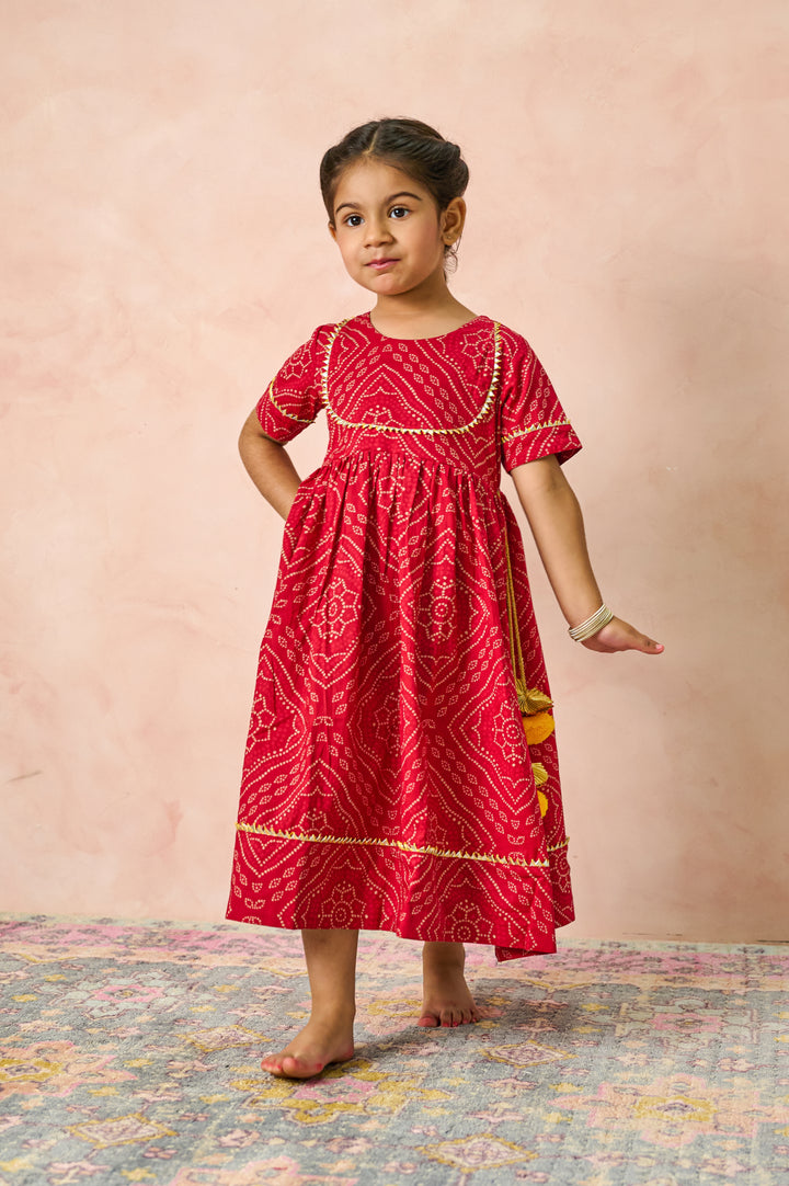 GIRLS MAROON BANDHEJ ANKLE LENGTH GOTA DRESS