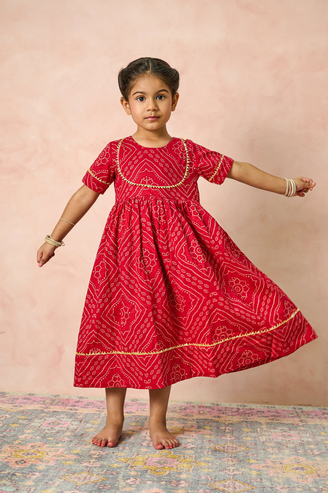 GIRLS MAROON BANDHEJ ANKLE LENGTH GOTA DRESS