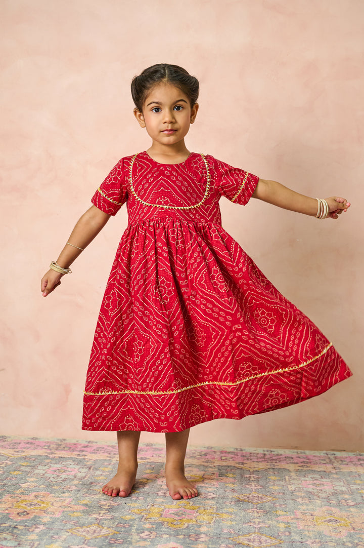 GIRLS MAROON BANDHEJ ANKLE LENGTH GOTA DRESS