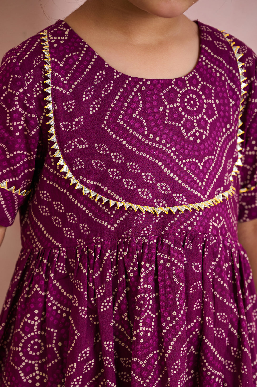 GIRLS PURPLE BANDHEJ ANKLE LENGTH GOTA DRESS