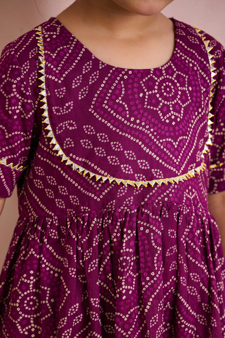 GIRLS PURPLE BANDHEJ ANKLE LENGTH GOTA DRESS