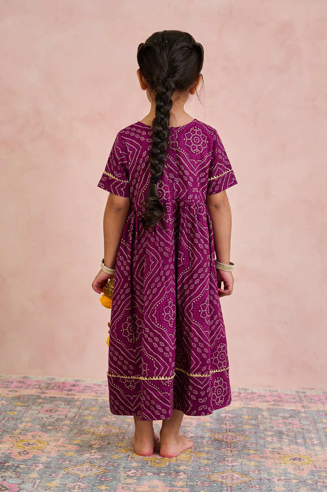 GIRLS PURPLE BANDHEJ ANKLE LENGTH GOTA DRESS