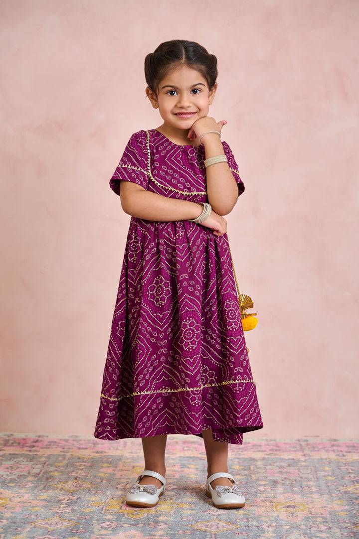 GIRLS PURPLE BANDHEJ ANKLE LENGTH GOTA DRESS