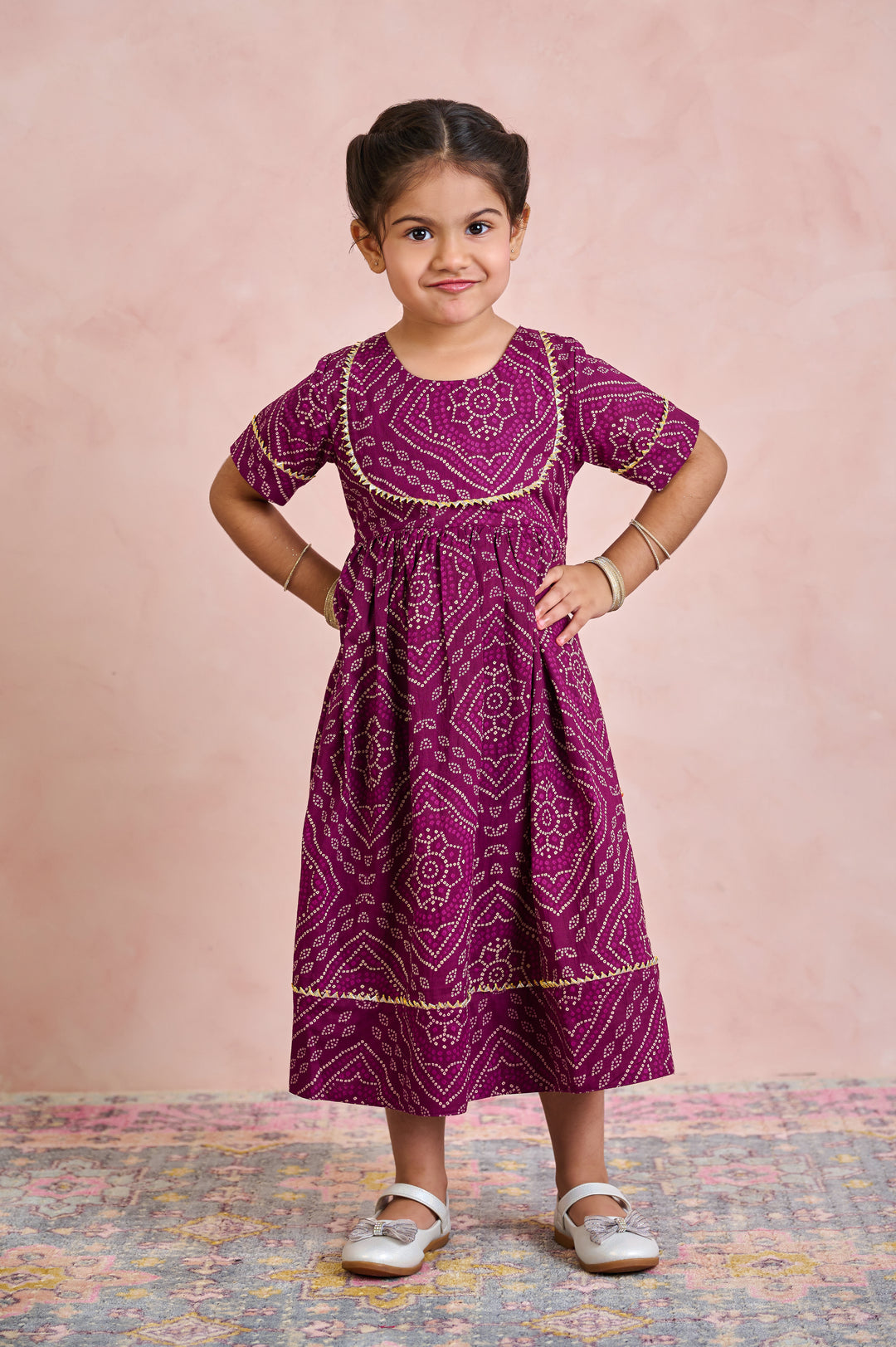 GIRLS PURPLE BANDHEJ ANKLE LENGTH GOTA DRESS