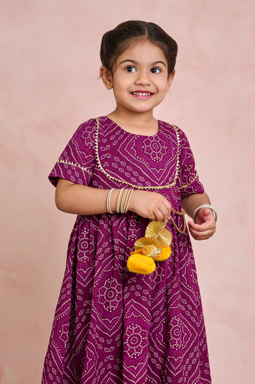 GIRLS PURPLE BANDHEJ ANKLE LENGTH GOTA DRESS