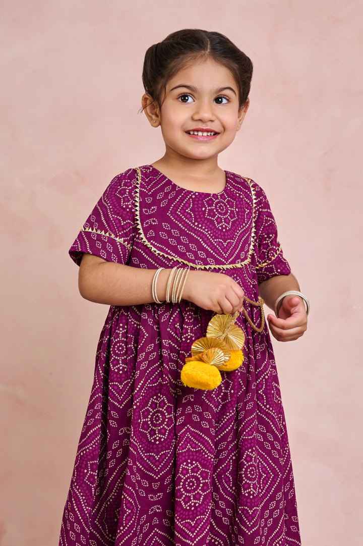 GIRLS PURPLE BANDHEJ ANKLE LENGTH GOTA DRESS