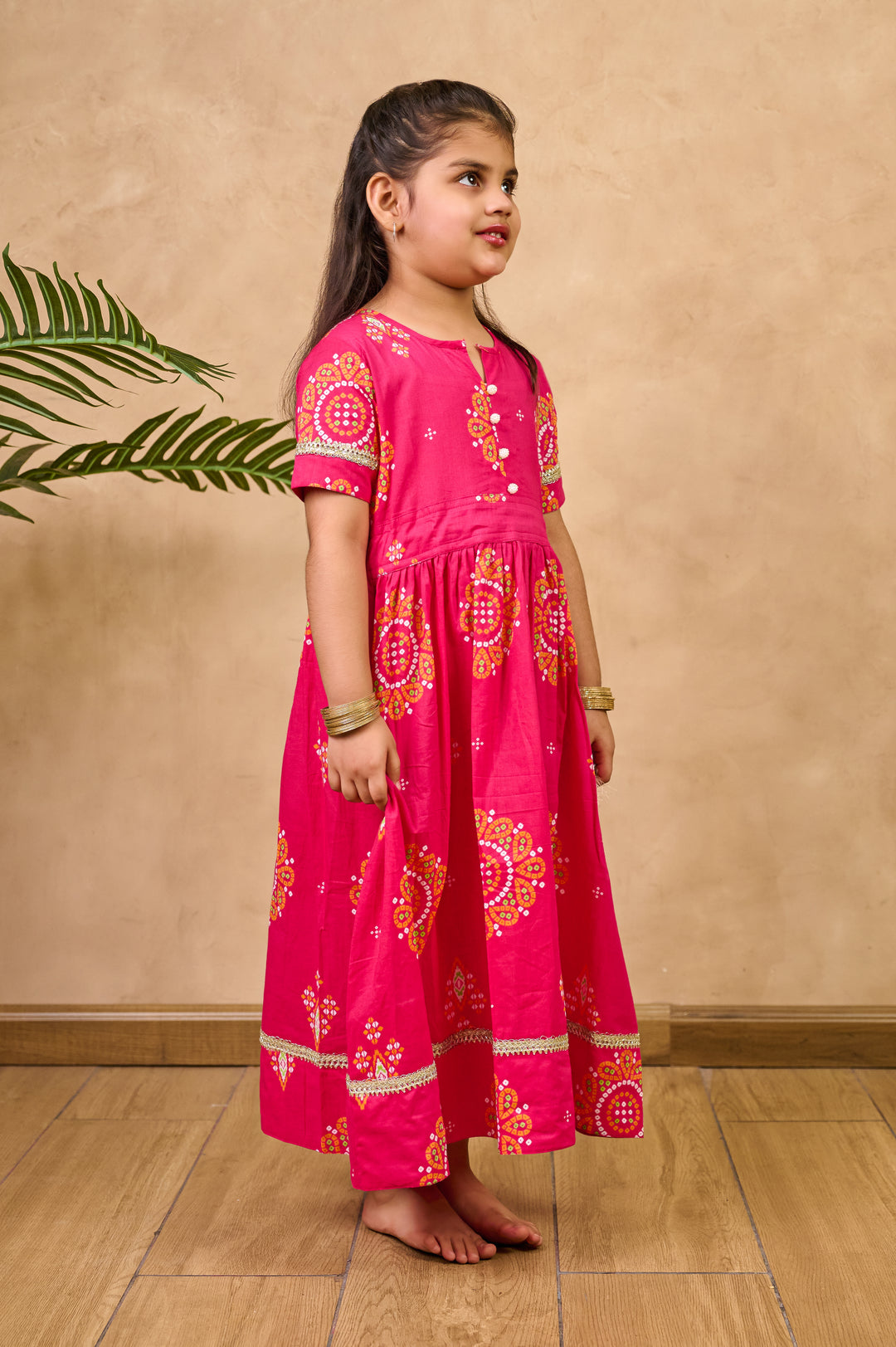 GIRLS PINK BANDHANI ANKLE LENGTH GOTA DRESS