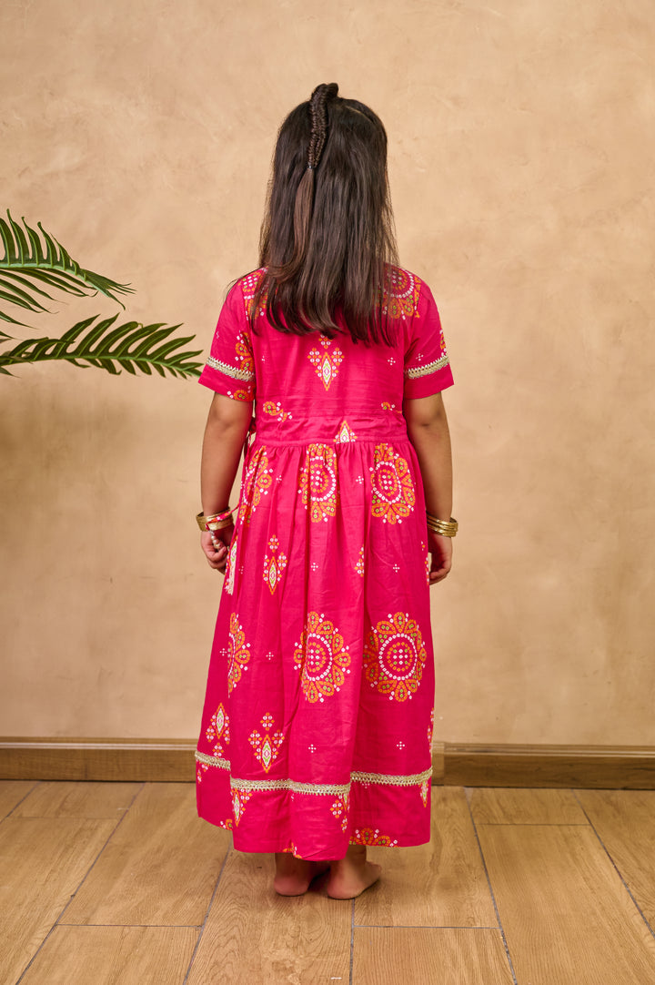 GIRLS PINK BANDHANI ANKLE LENGTH GOTA DRESS