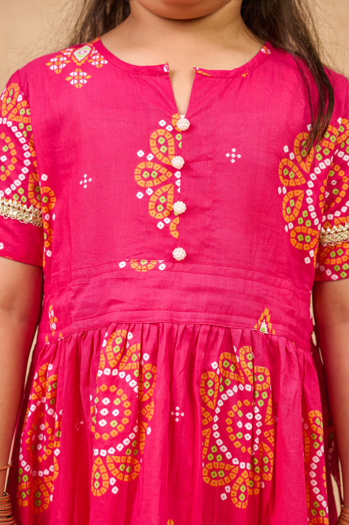 GIRLS PINK BANDHANI ANKLE LENGTH GOTA DRESS