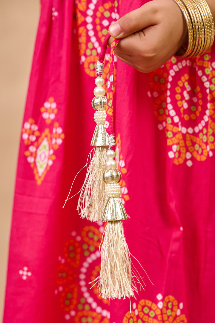 GIRLS PINK BANDHANI ANKLE LENGTH GOTA DRESS
