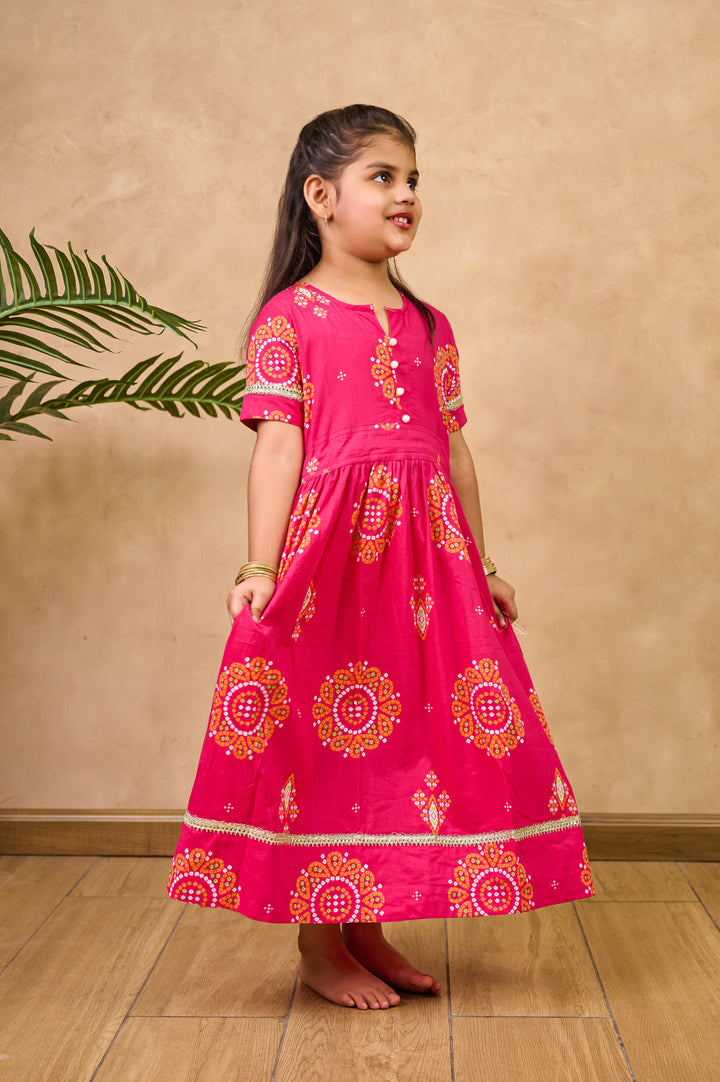 GIRLS PINK BANDHANI ANKLE LENGTH GOTA DRESS