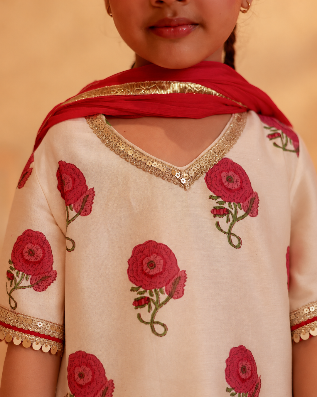 Girls Rose Print Chanderi Kurta & Salwar Set with Dupatta (Set of 3)