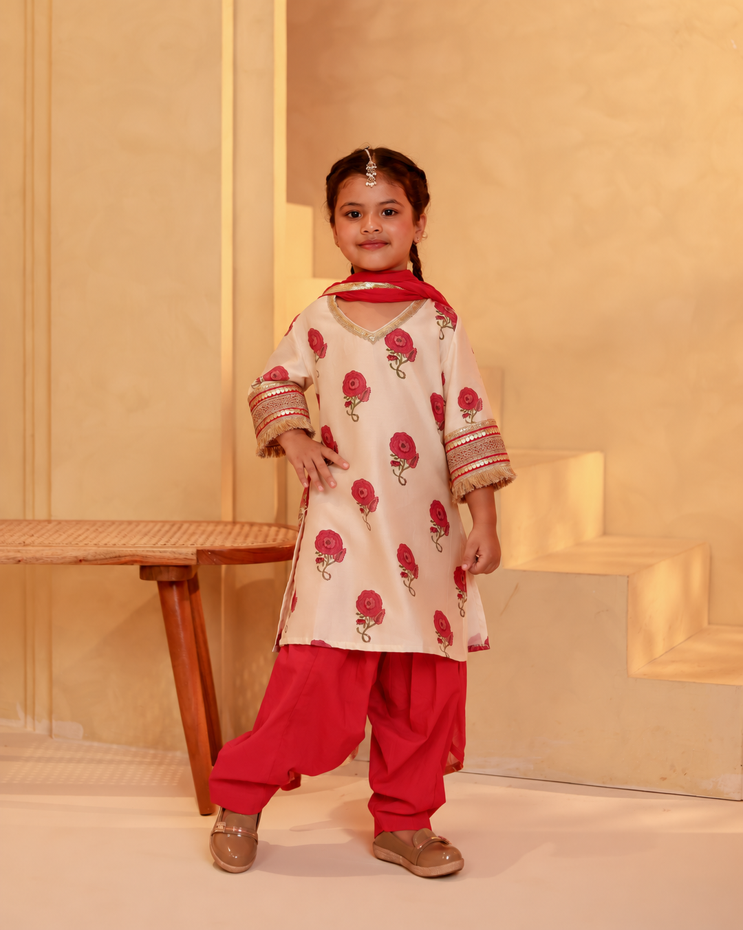 Girls Rose Print Chanderi Kurta & Salwar Set with Dupatta (Set of 3)