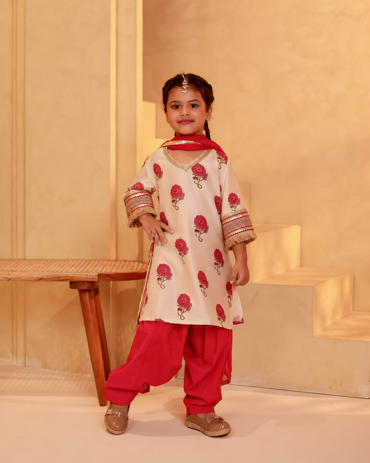 Girls Rose Print Chanderi Kurta & Salwar Set with Dupatta (Set of 3)