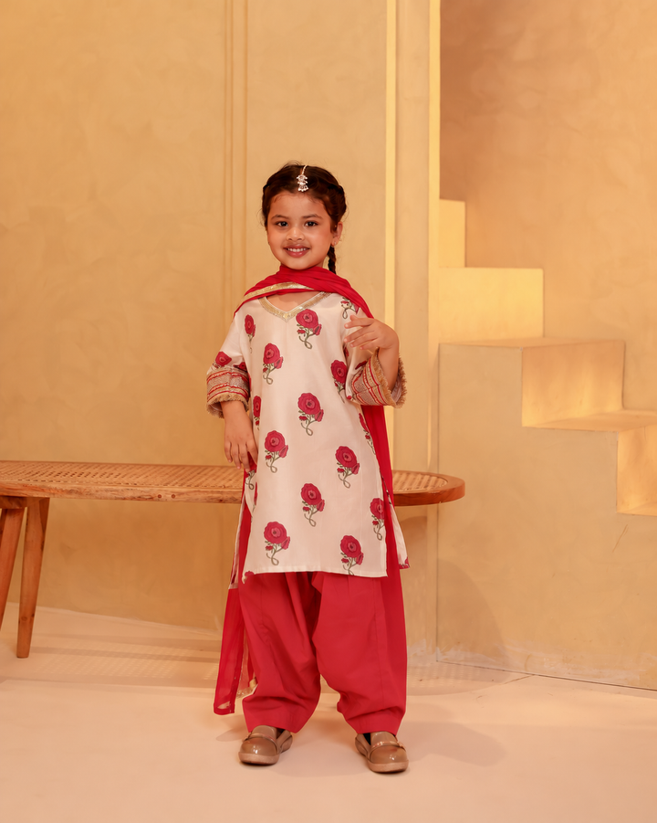 Girls Rose Print Chanderi Kurta & Salwar Set with Dupatta (Set of 3)