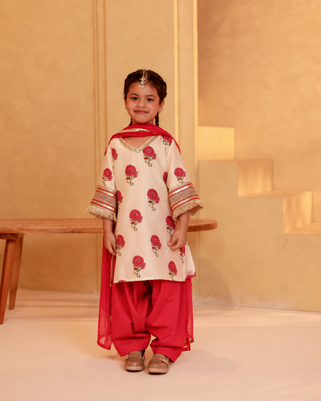 Girls Rose Print Chanderi Kurta & Salwar Set with Dupatta (Set of 3)