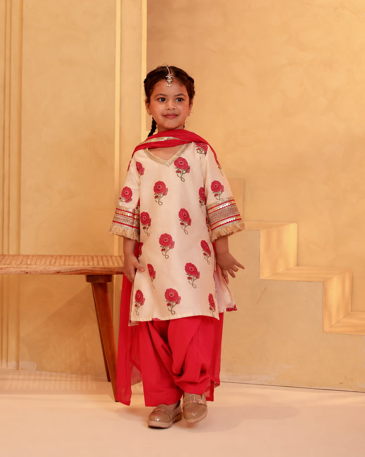 Girls Rose Print Chanderi Kurta & Salwar Set with Dupatta (Set of 3)