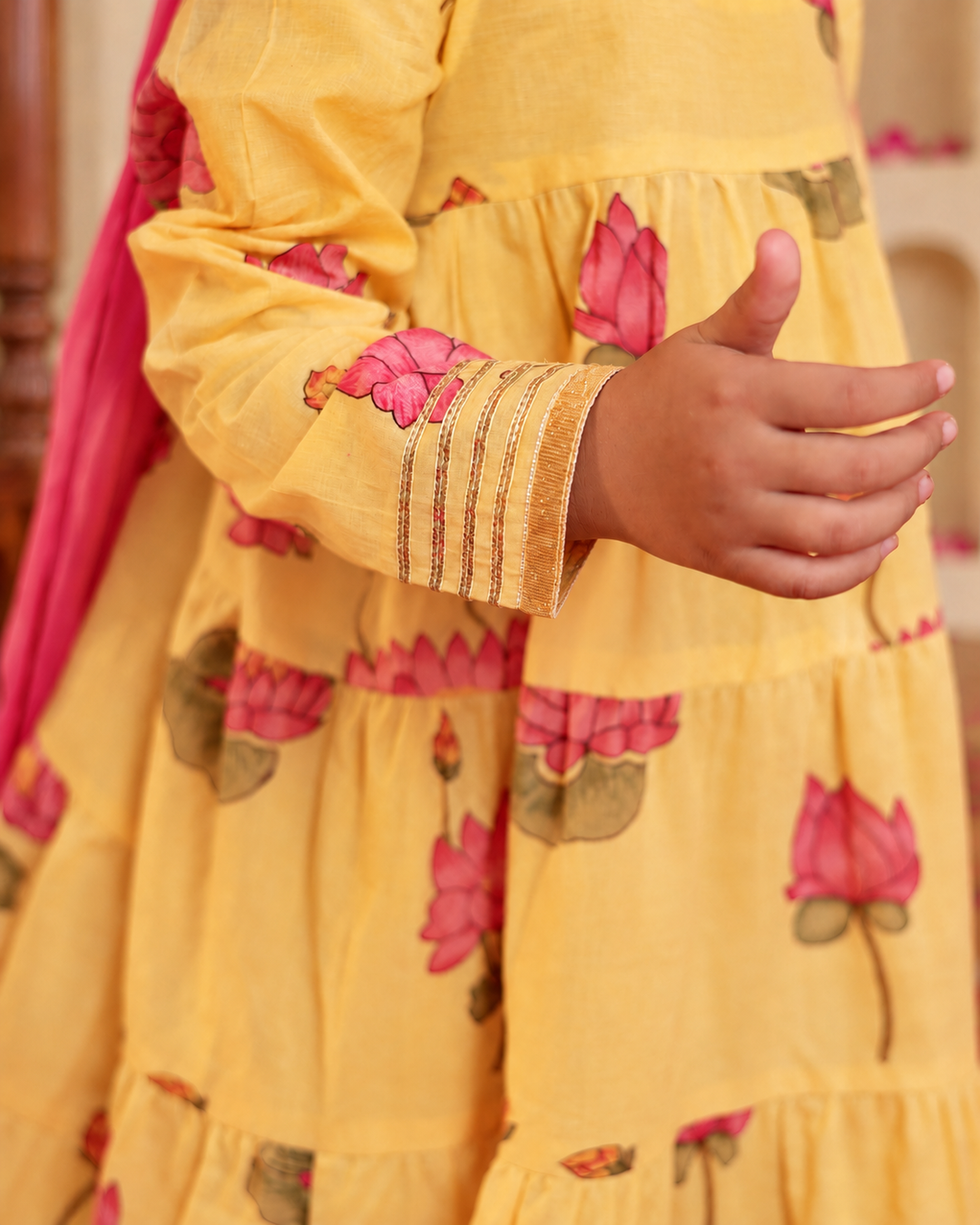 Girls Sunshine Yellow Lotus Bloom Tiered Festive Anarkali Kurti & Pant Set(Set of 3)