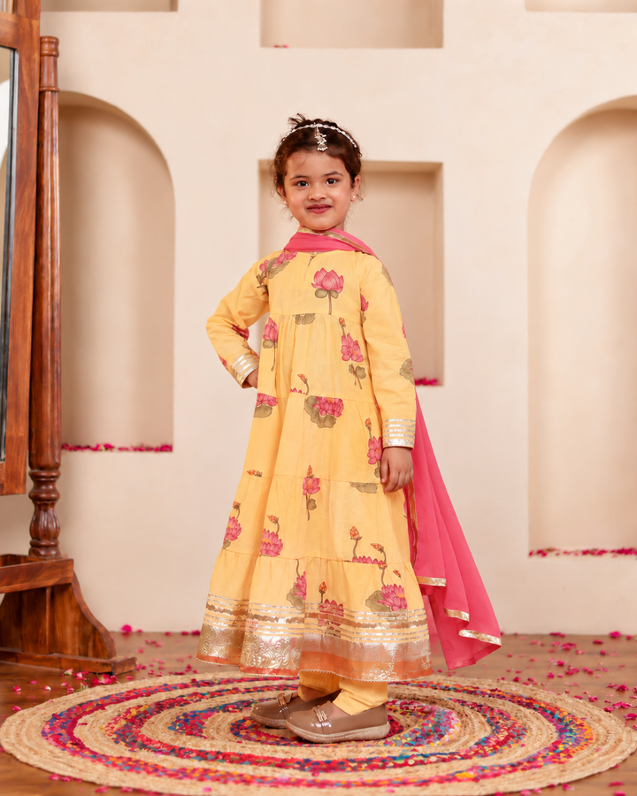Girls Sunshine Yellow Lotus Bloom Tiered Festive Anarkali Kurti & Pant Set(Set of 3)