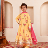 Girls Sunshine Yellow Lotus Bloom Tiered Festive Anarkali Kurti & Pant Set(Set of 3)
