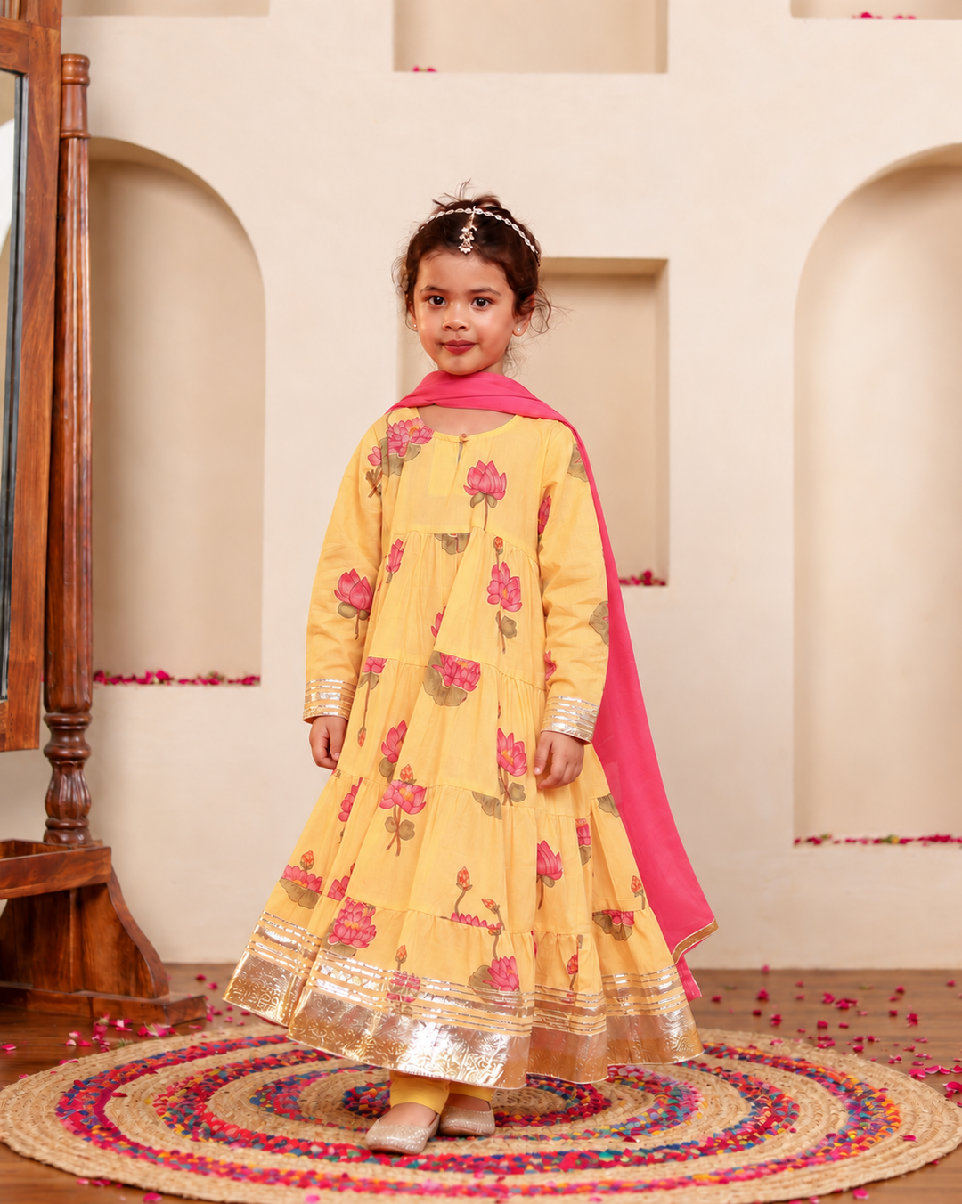 Girls Sunshine Yellow Lotus Bloom Tiered Festive Anarkali Kurti & Pant Set(Set of 3)