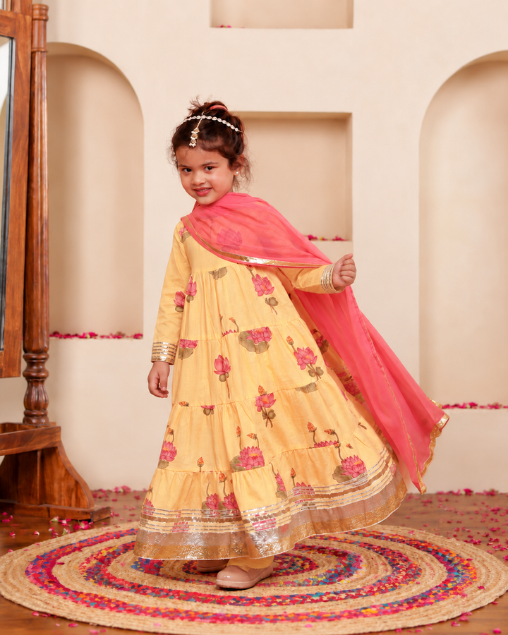 Girls Sunshine Yellow Lotus Bloom Tiered Festive Anarkali Kurti & Pant Set(Set of 3)