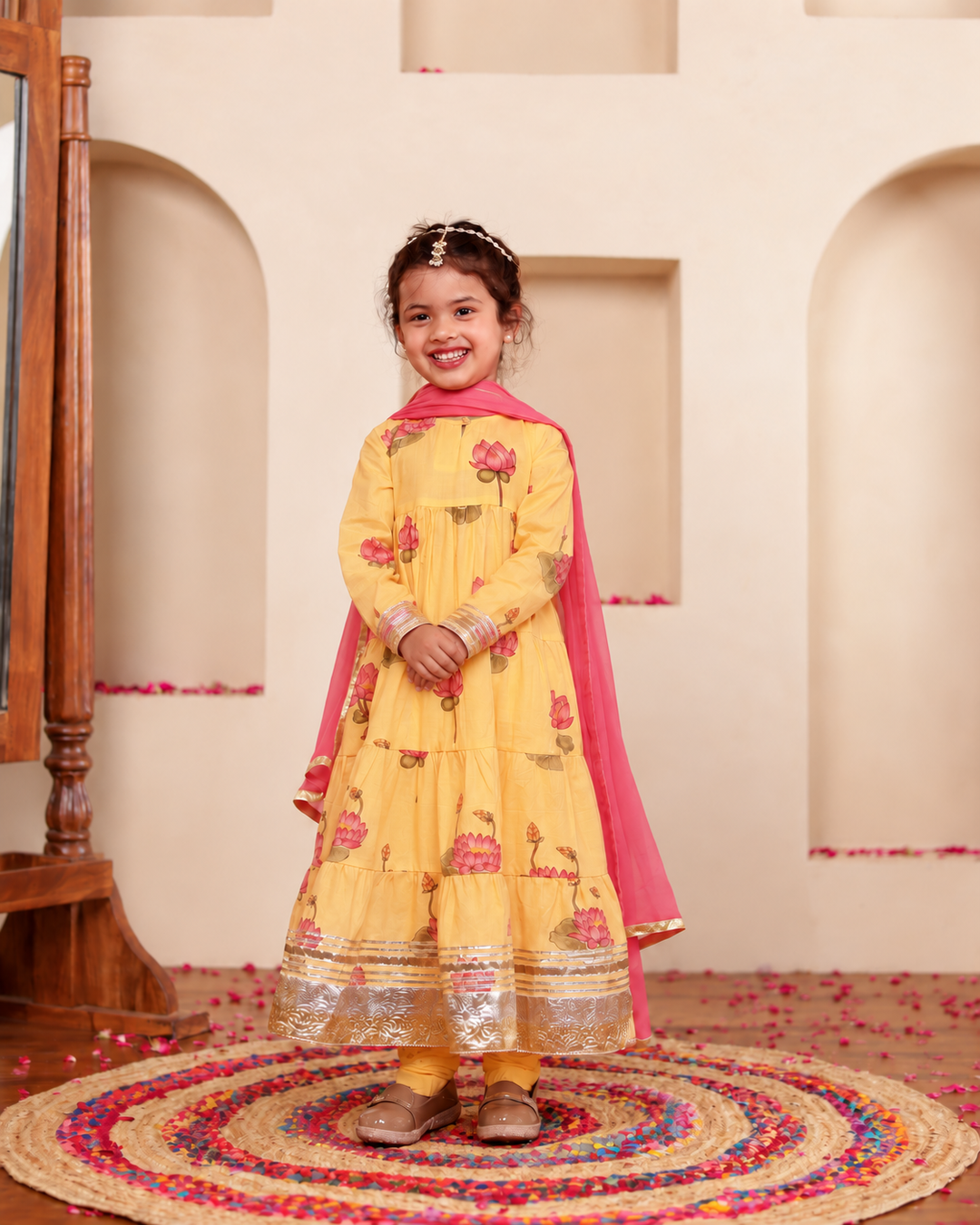 Girls Sunshine Yellow Lotus Bloom Tiered Festive Anarkali Kurti & Pant Set(Set of 3)