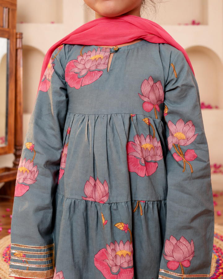 Girls Blue-Grey Lotus Bloom Tiered Festive Anarkali Kurti & Pant Set (Set of 3)