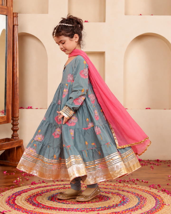 Girls Blue-Grey Lotus Bloom Tiered Festive Anarkali Kurti & Pant Set (Set of 3)