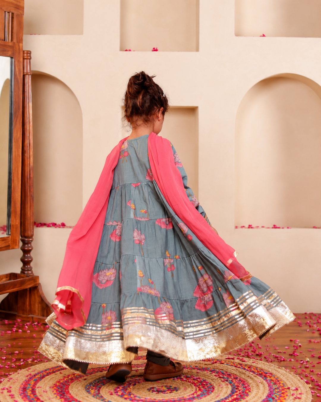 Girls Blue-Grey Lotus Bloom Tiered Festive Anarkali Kurti & Pant Set (Set of 3)